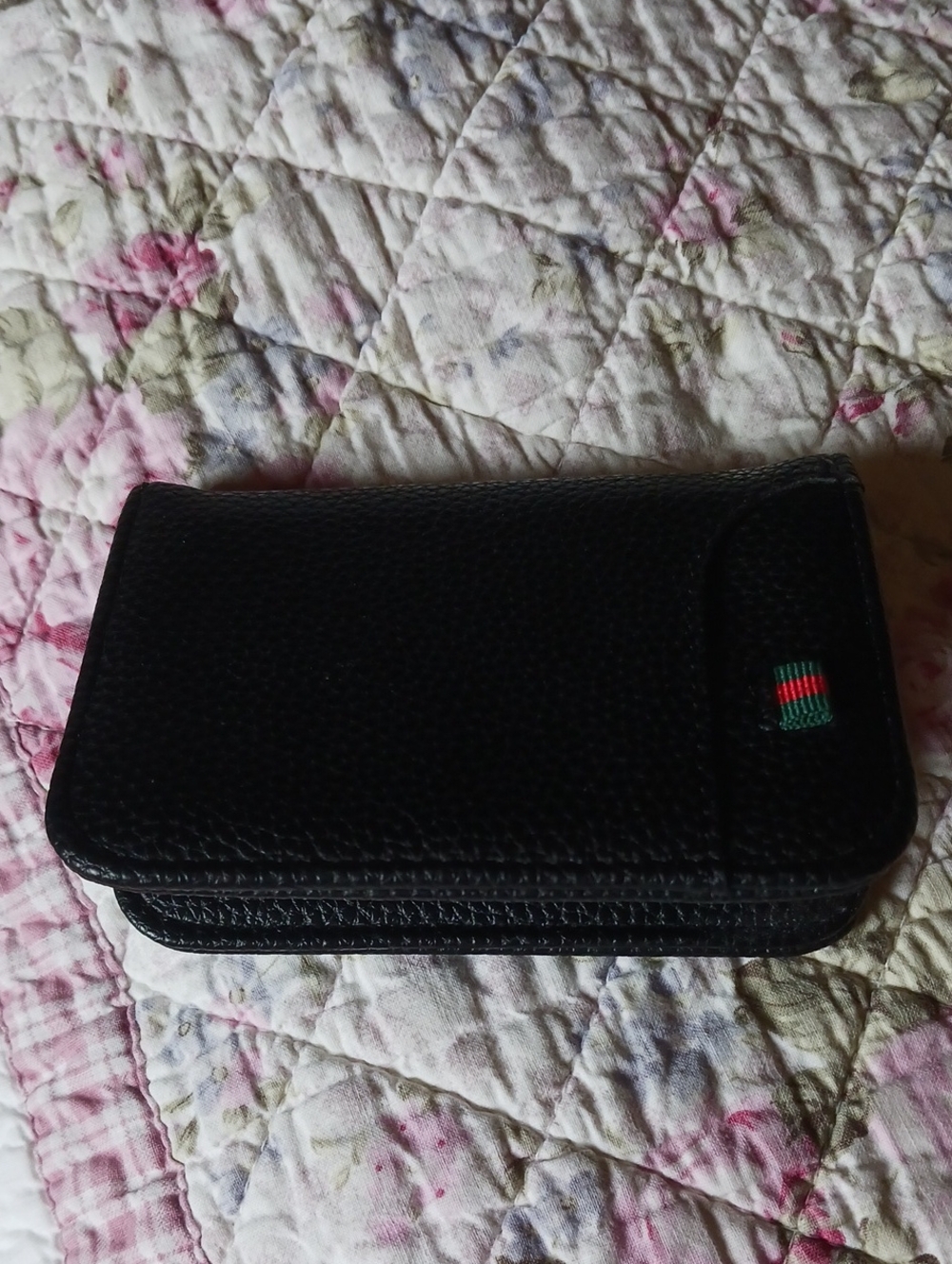 Gucci Black Pebbled Leather Key & Card Holder with Green-Red Web